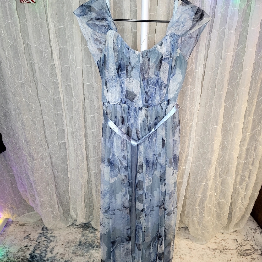 Candalite Blue Gray Sparkle Rose Floral Mesh Flowy On Or Off Shoulder Maxi Dress